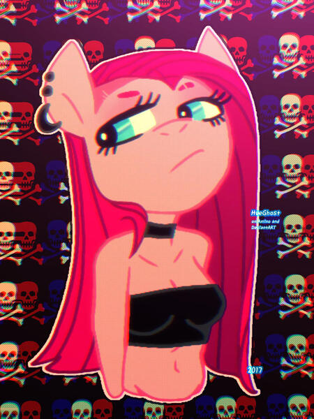 Size: 768x1024 | Tagged: anthro, artist:hueghost, bare shoulders, belly button, breasts, choker, cleavage, derpibooru import, ear piercing, edgy, female, piercing, pinkamena diane pie, pinkie pie, punkamena, punkie pie, safe, skull and crossbones, solo, strapless