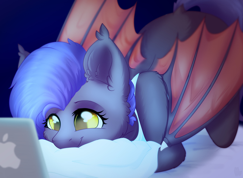 Size: 5500x4032 | Tagged: safe, artist:alphadesu, derpibooru import, oc, oc:dawn sentry, unofficial characters only, bat pony, absurd resolution, apple, bat wings, bed, computer, female, food, laptop computer, mare, pillow, solo, wings