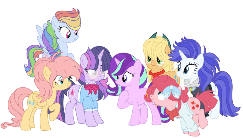 Size: 1280x727 | Tagged: safe, artist:bezziie, derpibooru import, applejack, fluttershy, pinkie pie, rainbow dash, rarity, starlight glimmer, twilight sparkle, pony, alternate design, alternate hairstyle, alternate universe, bomber jacket, clothes, glasses, jacket, mane six, simple background, swapped cutie marks, transparent background