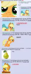 Size: 500x1198 | Tagged: safe, derpibooru import, applejack, earth pony, pony, /mlp/, 4chan, apple, appul, cute, female, food, fruit, hilarious in hindsight, mare, meme, pear, pony thread simulator, shitposting, that pony sure does hate pears, that pony sure does love apples, triggered, troll, youtube screencap