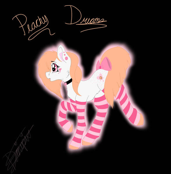 Size: 884x904 | Tagged: safe, artist:dannimation, derpibooru import, oc, oc:peachy dreams, earth pony, pony, bow, cheek fluff, choker, clothes, femboy, male, simple background, socks, stallion, striped socks, tail bow, thigh highs, trotting, watermark