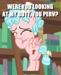 Size: 598x736 | Tagged: safe, derpibooru import, edit, edited screencap, screencap, cozy glow, pony, what lies beneath, bookshelf, bronybait, butt, caption, cozy glutes, cozybetes, cute, dialogue, eyes closed, female, filly, foal, giggling, image macro, impact font, ladder, meme, plot, solo, text