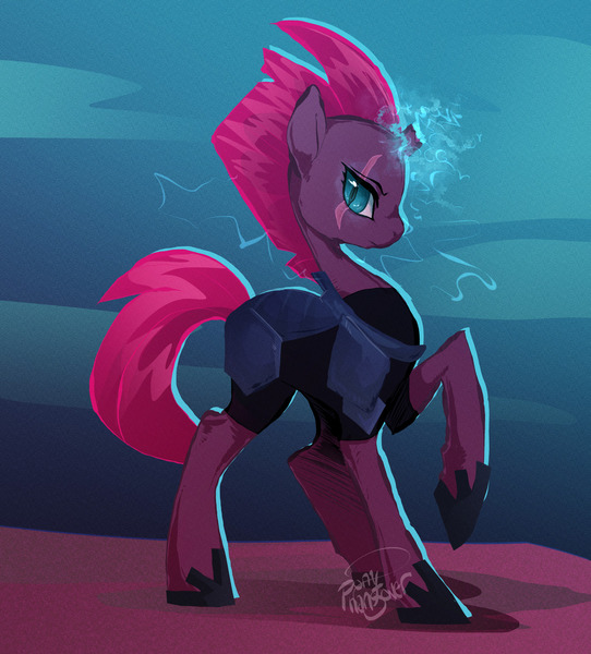 Size: 1280x1418 | Tagged: safe, artist:ponyhangover, derpibooru import, tempest shadow, pony, unicorn, my little pony: the movie, armor, broken horn, cute, electricity magic, eye scar, female, frown, glowing horn, horn, lightning, looking at you, magic, mare, profile, raised hoof, scar, serious, slit eyes, solo, tempestbetes