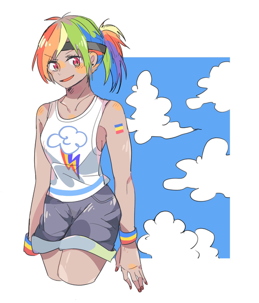 Size: 1336x1560 | Tagged: safe, artist:trilithon, derpibooru import, kotobukiya, rainbow dash, human, equestria girls, clothes, cloud, cute, ear piercing, female, humanized, kotobukiya rainbow dash, moderate dark skin, piercing, shorts, sky, solo, tanktop, wristband