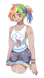 Size: 880x1560 | Tagged: safe, artist:trilithon, derpibooru import, kotobukiya, rainbow dash, human, equestria girls, clothes, cute, ear piercing, female, headband, humanized, kotobukiya rainbow dash, moderate dark skin, piercing, shorts, simple background, solo, tanktop, white background, wristband