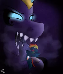 Size: 1667x1952 | Tagged: suggestive, artist:kingkrail, derpibooru import, rainbow dash, oc, oc:nightmare sphinx, oc:verteer, pony, sphinx, breath, drool, fetish, glowing eyes, imminent vore, implied death, licking, size difference, tongue out