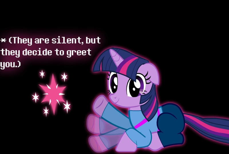 Size: 1211x816 | Tagged: safe, artist:duskyzombie, derpibooru import, twilight sparkle, crossover, frisk, solo, twilight friskle, undertale, waving