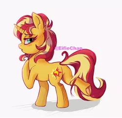 Size: 3200x3100 | Tagged: safe, artist:katakiuchi4u, derpibooru import, sunset shimmer, pony, unicorn, butt, female, freckles, looking at you, looking back, looking back at you, mare, open mouth, plot, raised hoof, simple background, solo, underhoof, white background