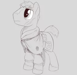 Size: 1151x1119 | Tagged: safe, artist:brisineo, derpibooru import, oc, oc:wounded legs, unofficial characters only, earth pony, pony, fallout equestria, fallout equestria: red 36, clothes, fanfic art, male, mantle, monochrome, ncr, new canterlot army, new canterlot republic, simple background, solo, stallion, uniform