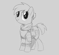 Size: 1720x1620 | Tagged: safe, artist:brisineo, derpibooru import, oc, oc:jacaranda, unofficial characters only, earth pony, pony, fallout equestria, fallout equestria: red 36, armor, fanfic art, female, lineart, mare, monochrome, ncr, new canterlot army, new canterlot republic, ponytail, simple background, solo