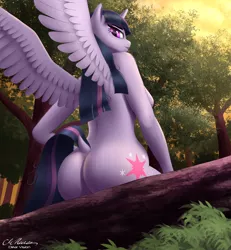 Size: 4072x4414 | Tagged: absurd resolution, alicorn, anthro, artist:clear vision, ass, breasts, butt, clone, commission, derpibooru import, dock, female, forest, log, looking at you, looking back, looking back at you, looking down, looking down at you, low angle, mare, mean twilight sparkle, nudity, sexy, sideboob, signature, sitting, solo, solo female, suggestive, the mean 6, wings, worm's eye view