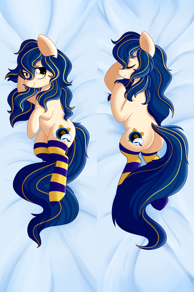 Size: 2000x3000 | Tagged: safe, artist:fannytastical, derpibooru import, oc, oc:snooze button, pony, body pillow, body pillow design, butt, clothes, cutie mark, eyes closed, female, freckles, high res, plot, smiling, socks, solo, striped socks