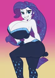 Size: 1280x1810 | Tagged: suggestive, artist:art-2u, derpibooru import, rarity, equestria girls, equestria girls series, the other side, bare shoulders, belly button, big breasts, bodysuit, breasts, busty rarity, butt, cleavage, clothes, female, gloves, grin, huge breasts, looking at you, midriff, pants, rearity, sexy, simple background, smiling, solo, solo female, strapless, stupid sexy rarity, style emulation, thighs, wasp waist