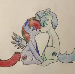Size: 1024x1016 | Tagged: safe, artist:el, deleted from derpibooru, derpibooru import, oc, oc:mistic spirit, cyborg, pegasus, pony, unicorn, amputee, artificial wings, augmented, blue eyes, cybernetic eyes, cybernetic pony, in love, kissing, love, prosthetic eye, prosthetic limb, prosthetic wing, prosthetics, red eyes, shipping, sitting, traditional art, wings