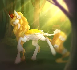 Size: 2496x2276 | Tagged: safe, artist:lastaimin, derpibooru import, oc, unofficial characters only, kirin, crepuscular rays, female, flower, flower in hair, flower in tail, forest, solo, tree