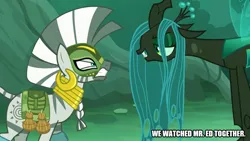 Size: 889x500 | Tagged: alternate timeline, caption, changeling, changeling queen, chrysalis resistance timeline, derpibooru import, edit, edited screencap, female, image macro, mr.ed, queen chrysalis, resistance leader zecora, safe, screencap, text, the cutie re-mark, zebra, zecora