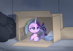 Size: 1889x1316 | Tagged: safe, artist:puetsua, derpibooru import, starlight glimmer, pony, unicorn, blanket, cardboard box, clothes, depressing, female, headscarf, homeless, mare, sad, scarf, solo, trash