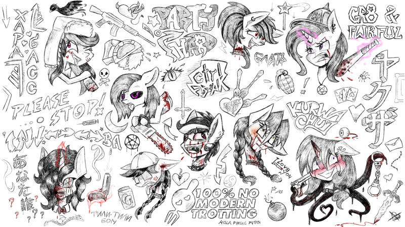 Size: 3309x1861 | Tagged: grimdark, artist:lixthefork, derpibooru import, trixie, oc, oc:lit, oc:lix, oc:white lie, pony, blood, chainsaw, cyrillic, fork, gun, japanese, lixlie, rifle, russian, sketch, sketch dump, spoon, weapon