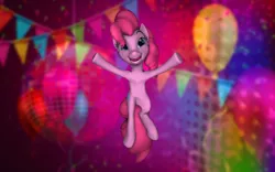 Size: 1920x1200 | Tagged: safe, artist:barpy, derpibooru import, pinkie pie, pony, 3d, balloon, colorful, confetti, dancing, disco ball, female, happy, jumping, lights, mare, open mouth, party, rave, smiling, solo, source filmmaker