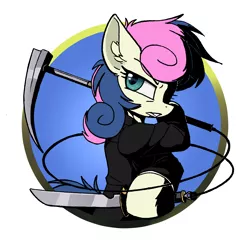 Size: 3000x3000 | Tagged: safe, artist:movieskywalker, derpibooru import, bon bon, sweetie drops, pony, badass, clothes, knife, kusarigama, looking back, rope, shadow fight 2, sickle, suit