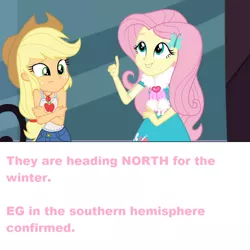 Size: 1016x1016 | Tagged: safe, derpibooru import, edit, screencap, applejack, fluttershy, equestria girls, equestria girls series, street chic, spoiler:eqg series (season 2), clothes, cold, geode of fauna, geode of super strength, geography, magical geodes, scarf, southern hemisphere, winter