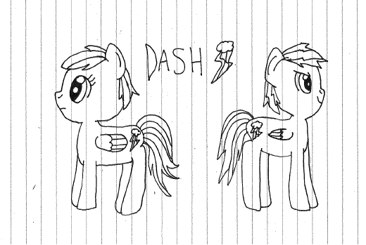 Size: 520x349 | Tagged: safe, artist:nightshadowmlp, derpibooru import, rainbow dash, demon, demon pony, original species, pegasus, pony, secrets and pies, black and white, duo, evil grin, evil pie hater dash, female, grayscale, grin, lined paper, mare, monochrome, self ponidox, smiling, text, traditional art