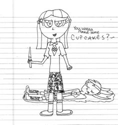 Size: 576x611 | Tagged: grimdark, artist:nightshadowmlp, derpibooru import, pinkie pie, rainbow dash, fanfic:cupcakes, equestria girls, blood, blood on floor, clothes, cutie mark dress, death, dialogue, female, knife, lined paper, necktie, pinkamena diane pie, traditional art