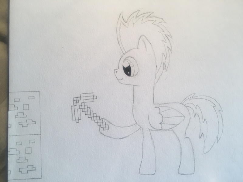 Size: 4032x3024 | Tagged: safe, derpibooru import, oc, oc:electric night, pegasus, pony, happy, male, minecraft, mining, pickaxe, stallion