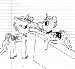 Size: 618x572 | Tagged: safe, artist:nightshadowmlp, derpibooru import, princess celestia, princess luna, alicorn, pony, ..., boop, crown, cute, dialogue, duo, female, jewelry, lined paper, mare, necklace, prone, regalia, sitting, traditional art, wall