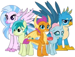 Size: 2048x1562 | Tagged: safe, artist:superbobiann, derpibooru import, editor:superbobiann, gallus, ocellus, sandbar, silverstream, smolder, changedling, changeling, classical hippogriff, earth pony, gryphon, hippogriff, pony, female, male, the young six