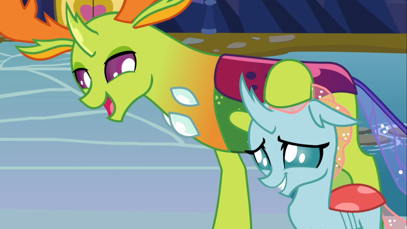 Size: 1667x937 | Tagged: changedling, changeling, changeling king, cute, derpibooru import, diaocelles, duo, female, grin, king thorax, lidded eyes, male, noogie, nymph, ocellus, open mouth, papa thorax, petting, safe, school daze, screencap, smiling, smirk, thorax