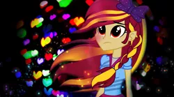 Size: 1980x1104 | Tagged: safe, artist:galacticflashd, derpibooru import, oc, oc:styler selvano, unofficial characters only, equestria girls, abstract background, bow, braid, clothes, cute, female, hair bow, ocbetes, sad, sadorable, solo