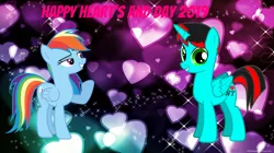 Size: 1540x861 | Tagged: safe, artist:jawsandgumballfan24, derpibooru import, rainbow dash, oc, oc:jawsandgumballfan24, alicorn, pegasus, pony, abstract background, alicorn oc, canon x oc, female, hearts and hooves day, holiday, horn, male, shipping, straight, valentine's day, wings