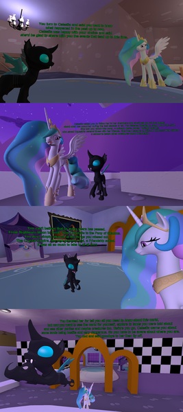 Size: 1920x4320 | Tagged: 3d, artist:soad24k, canterlot, changeling, cyoa, cyoa:hivemindless, derpibooru import, dialogue, gmod, princess celestia, safe, thorax