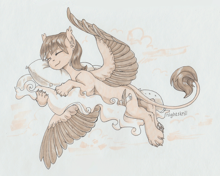 Size: 2560x2053 | Tagged: artist:nightskrill, cloud, cutie mark, derpibooru import, ear fluff, leonine tail, male, oc, oc:corpsly, paws, pillow, safe, simple background, sketch, sleeping, smiling, solo, sphinx, sphinx oc, spread wings, traditional art, unofficial characters only, wings