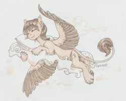 Size: 2560x2053 | Tagged: artist:nightskrill, cloud, cutie mark, derpibooru import, ear fluff, leonine tail, male, oc, oc:corpsly, paws, pillow, safe, simple background, sketch, sleeping, smiling, solo, sphinx, sphinx oc, spread wings, traditional art, unofficial characters only, wings