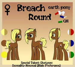 Size: 1700x1500 | Tagged: safe, artist:albatrosonset, derpibooru import, oc, oc:breach round, unofficial characters only, earth pony, pony, fallout equestria, brown coat, color palette, commission, edgy, female, mare, reference sheet, shaved mane, shotgun shell, smiling, smirk, solo, ych result, yellow eyes