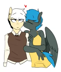 Size: 481x566 | Tagged: safe, artist:redxbacon, derpibooru import, oc, oc:jade shine, oc:note clip, unofficial characters only, anthro, earth pony, pegasus, anthro oc, clothes, dress, female, heart, kissing, kiss on the cheek, lesbian, mare, oc x oc, shipping, smiling, sweater vest