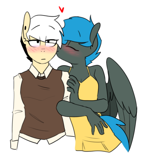 Size: 494x547 | Tagged: safe, artist:redxbacon, derpibooru import, oc, oc:jade shine, oc:note clip, unofficial characters only, anthro, earth pony, pegasus, anthro oc, blushing, clothes, dress, female, heart, kissing, kiss on the cheek, lesbian, mare, oc x oc, shipping, smiling, sweater vest