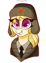 Size: 1535x2126 | Tagged: safe, artist:shadowreindeer, derpibooru import, march gustysnows, pony, bust, communism, cyrillic, eye clipping through hair, female, hammer and sickle, hat, kgb, mare, russian, solo, soviet, soviet union, ushanka