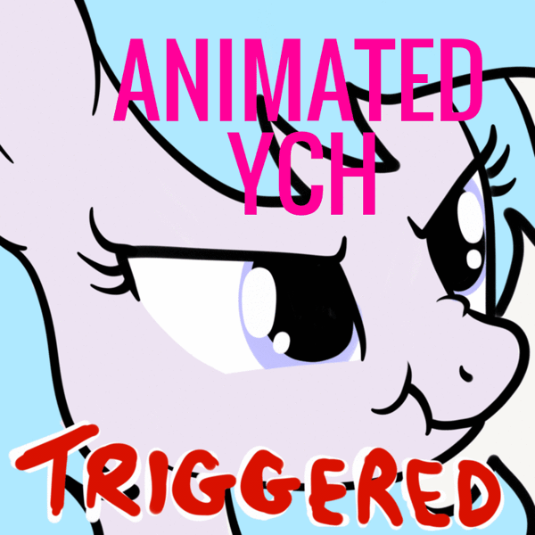 Size: 800x800 | Tagged: safe, artist:lannielona, derpibooru import, pony, advertisement, animated, caption, commission, gif, gif with captions, meme, scrunchy face, seizure warning, silly, solo, triggered, vibrating, your character here