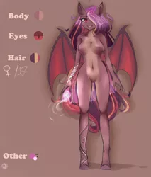 Size: 800x940 | Tagged: suggestive, artist:alicesmitt31, derpibooru import, oc, oc:delilah garnet, anthro, bat pony, unguligrade anthro, anthro oc, belly button, breasts, featureless breasts, featureless crotch, female, mare, markings, pale belly, red eyes, smiling