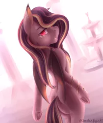 Size: 2100x2500 | Tagged: safe, artist:jessicanyuchi, derpibooru import, oc, oc:delilah garnet, unofficial characters only, bat pony, pony, commission, female, looking at you, looking over shoulder, mare, markings, red eyes, simple background, solo, ych result