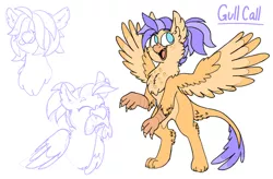 Size: 1280x838 | Tagged: artist:sandwichbuns, derpibooru import, female, fish, hair over eyes, hippogriffon, hybrid, magical lesbian spawn, mouth hold, oc, oc:gull call, offspring, parent:gilda, parent:princess skystar, rearing, safe, simple background, sketch, solo, spread wings, unofficial characters only, white background, wings