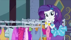 Size: 2560x1440 | Tagged: safe, derpibooru import, screencap, rarity, equestria girls, equestria girls series, street chic, spoiler:eqg series (season 2), clothes, looking at you, smiling, smiling at you, window