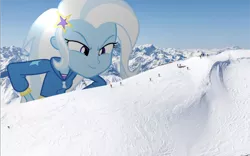 Size: 1600x1000 | Tagged: safe, artist:greenmachine987, artist:somerandomminion, derpibooru import, edit, vector edit, trixie, pony, equestria girls, equestria girls series, female, giantess, irl, looking down, looming, macro, mountain, photo, photoshop, ponies in real life, smiling, smirk, snow, snowboard, story in the source, vector