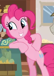 Size: 597x834 | Tagged: safe, derpibooru import, screencap, mudbriar, pinkie pie, earth pony, pony, the maud couple, bipedal, bipedal leaning, cropped, female, hooves on hips, leaning, looking at something, male, mare, offscreen character, smiling, solo focus, stallion