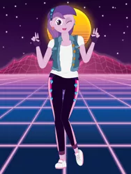 Size: 2700x3600 | Tagged: safe, artist:miipack603, derpibooru import, amethyst star, equestria girls, 80s, abstract background, autobot, breasts, buttons, canon, captain america, cleavage, clothes, complex background, cutie mark, dc comics, decepticon, denim vest, diamond, female, fingerless gloves, gloves, grid, happy, headband, lines, mountain, mountain range, no shading, one eye closed, one eye open, pants, peace sign, retro, shirt, shoes, sky, smiling, sneakers, solo, stars, sun, t-shirt, track pants, vaporwave, vest, wink, yoga pants