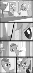 Size: 622x1343 | Tagged: safe, artist:brisineo, derpibooru import, lightning dust, rainbow dash, pegasus, pony, fallout equestria, fallout equestria: red 36, clothes, comic, desk, door, fanfic art, glare, looking up, ministry mares, ministry of awesome, monochrome, office, paperwork, poster, recruitment poster, regret, rivalry, shadowbolts, stepping into the frame, tree, uniform