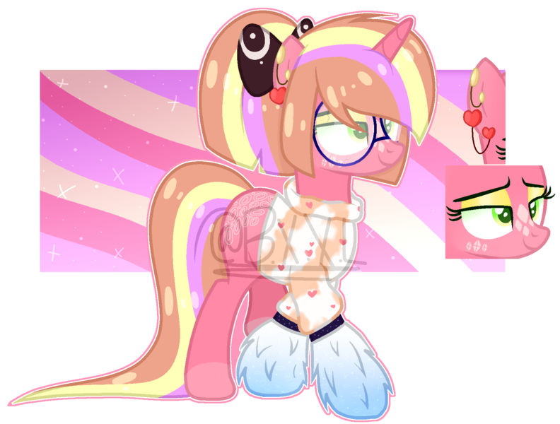 Size: 1738x1317 | Tagged: safe, artist:b-x-x-l, derpibooru import, oc, oc:pink prada, unofficial characters only, pony, unicorn, bank flank, bow, clothes, ear piercing, earring, eyeshadow, female, glasses, hair bow, jewelry, leg warmers, makeup, mare, markings, piercing, ponytail, simple background, solo, sweater, transparent background, watermark